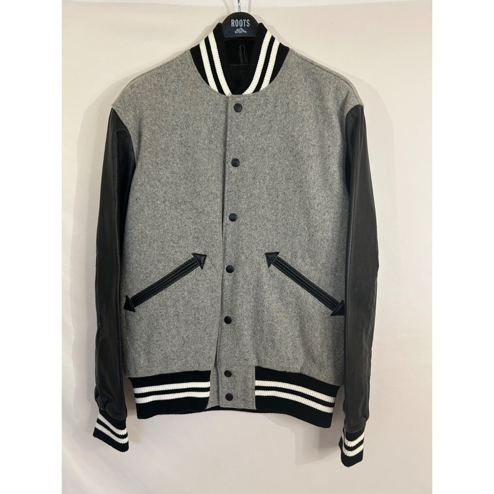 Roots Gray Varsity Jacket Sz S‎  Wool Lettermam Bomber Logo Jacket